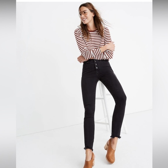 Madewell 9” High Rise Raw Hem Black Button Up Skinny Jeans Size 28 - Picture 2 of 5